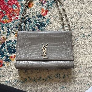 Yves Saint Laurent Gray Croc-Embossed Chain Bag